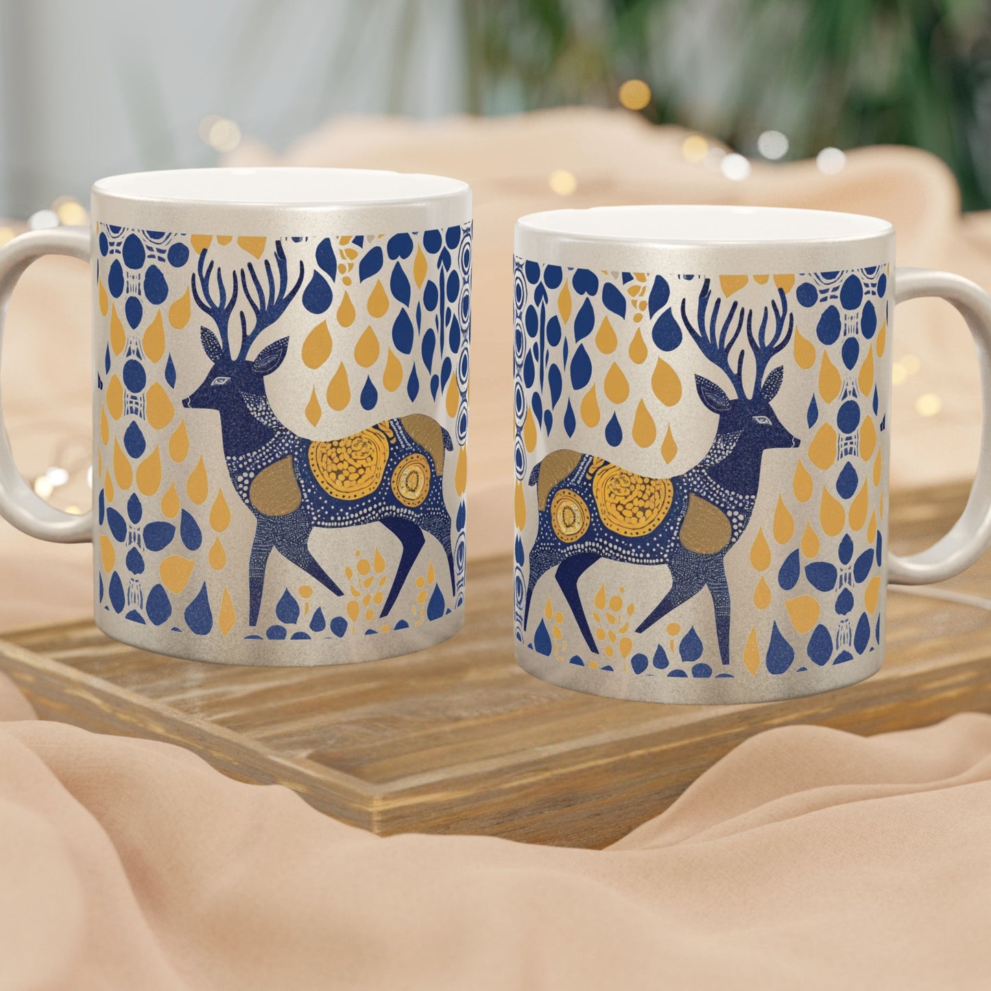 Gond Tribal Deer Design – Metallic Coffee Mug (Gold/Silver, 11oz) | Artloom Gallery
